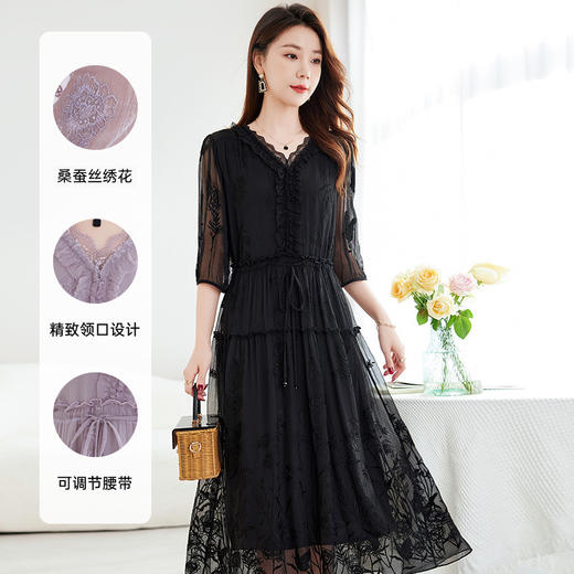丁摩原创丝绸100%桑蚕丝重工绣花真丝连衣裙女AL9500 商品图2