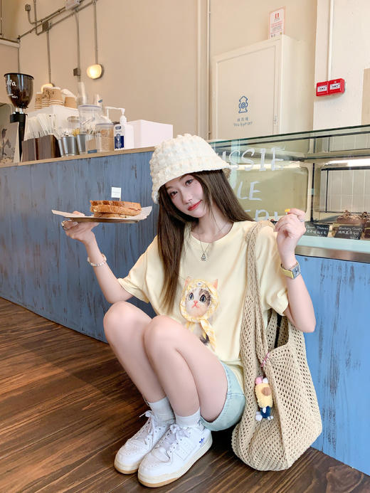 【129元任选2件】现货！可爱猫咪立体头巾宽松短袖 商品图12