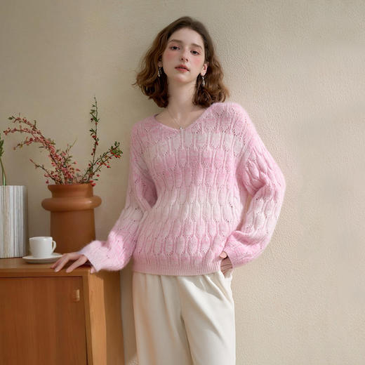 甜美氛围感晕染渐变圆领毛衣女秋季宽松显瘦套头针织衫上衣V2651166 商品图2