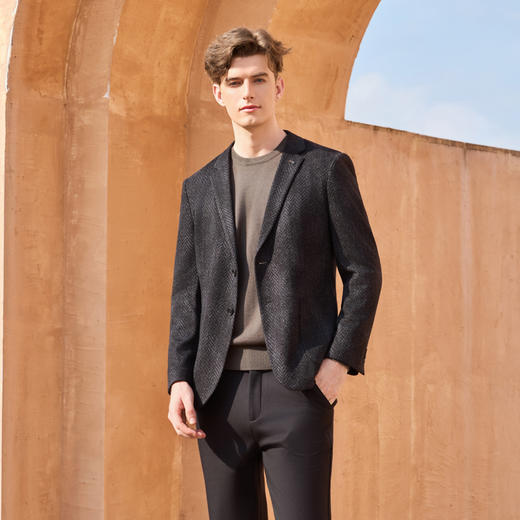 半身缘男装 秋季保暖深灰细格纹单排扣西服253312M01410018 商品图2