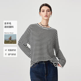 366605062-慵懒黑白条纹长袖针织衫女25秋新品60s羊毛针织上衣落肩宽松