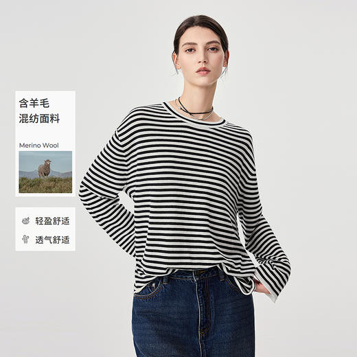 366605062-慵懒黑白条纹长袖针织衫女25秋新品60s羊毛针织上衣落肩宽松 商品图0