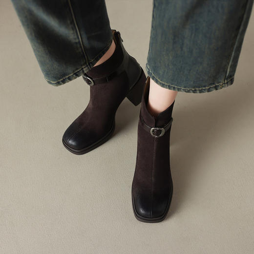 阿么手工女鞋高跟短筒瘦瘦靴女百搭秋冬绒面高级感真皮短靴7.5CM 商品图2