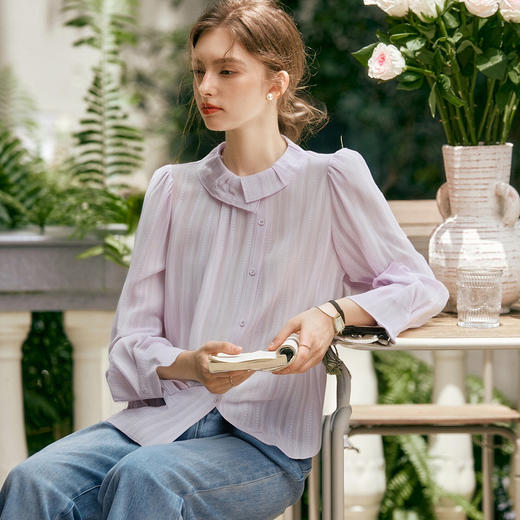 OLrain欧芮儿法式圆领衬衫2025秋季新款紫色法式提花长袖上衣 商品图2