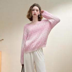 甜美氛围感晕染渐变圆领毛衣女秋季宽松显瘦套头针织衫上衣V2651166