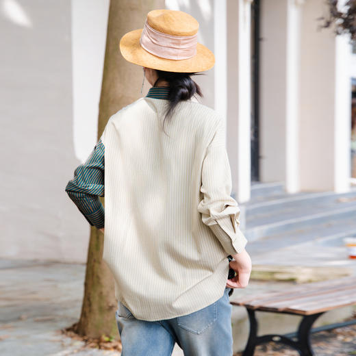 谜底拼接式衬衫长袖女2025秋新款复古风大廓形中长衬衣257MC7815 商品图2