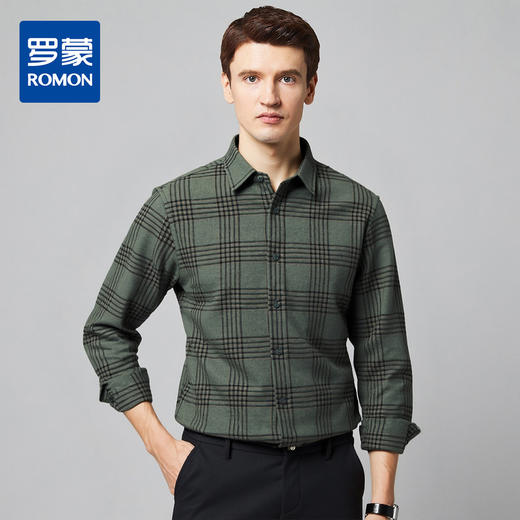 【含羊毛】罗蒙秋冬长袖格子衬衫男士磨毛厚实保暖舒适柔软百搭通勤休闲棉质衬衣 商品图0