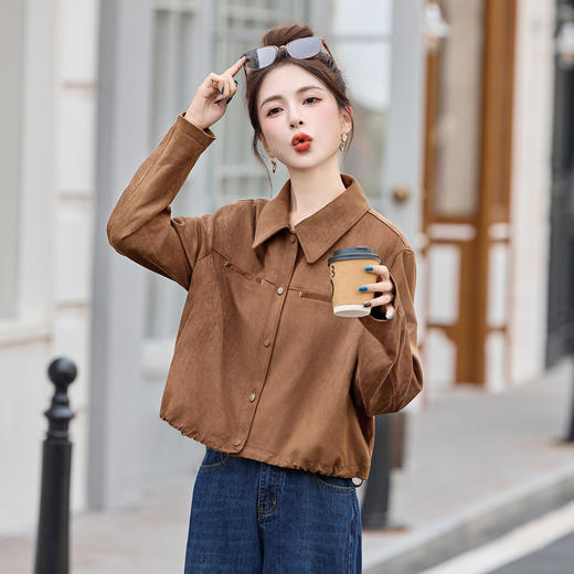 L2586-0822秋季新款文艺简约纯色翻领宽松单排扣气质小衫时尚外套L2586 商品图0