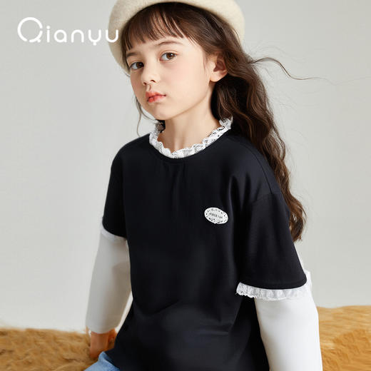 笛莎千与2025秋季新款女童蕾丝花边假两件拼接长袖T恤 商品图1