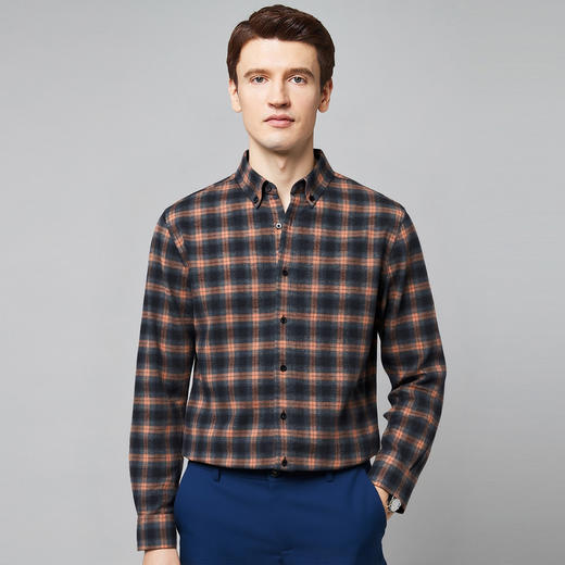 【全棉】罗蒙秋冬格子长袖衬衫男士厚款舒适柔软百搭简约通勤长袖保暖衬衣 商品图1