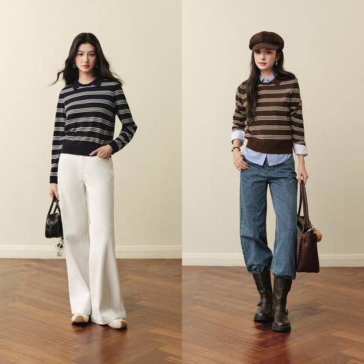 【严选】诗凡黎撞色条纹POLO领针织衫老钱高智正肩显瘦长袖上衣7G9132891 商品图1