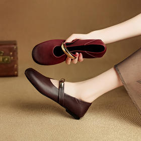 【预售5天】四季女鞋羊皮时尚圆头金属扣，一字带舒适平底浅口单鞋NJMK&K1656