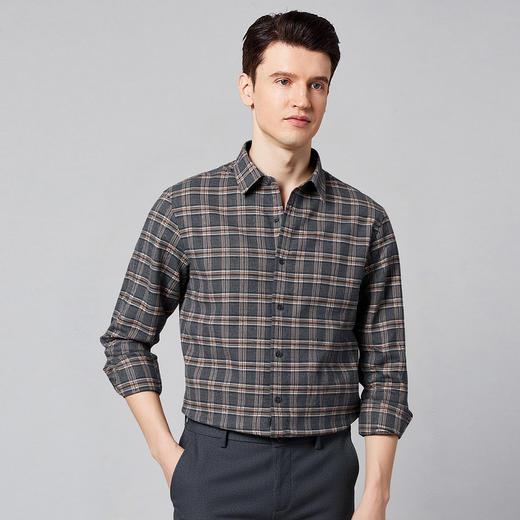 【含绵羊毛】罗蒙秋冬长袖格纹衬衫男士翻领时尚百搭通勤磨毛保暖舒适男士长袖衬衣 商品图2