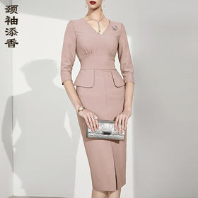 孤品-J9183334颈袖添香新款女装修身中长款收腰显瘦轻熟风职场连衣裙J9183334不退可换