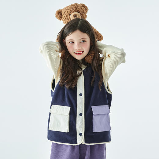 棵初25年秋冬季新款亲子中大女童拼色摇粒绒马甲撞色抗静电夹克 商品图4