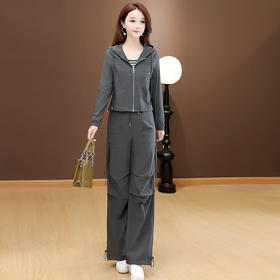 QYM 58C258503-Y时尚三件套条纹背心+连帽短款外套+高腰直筒长裤休闲装