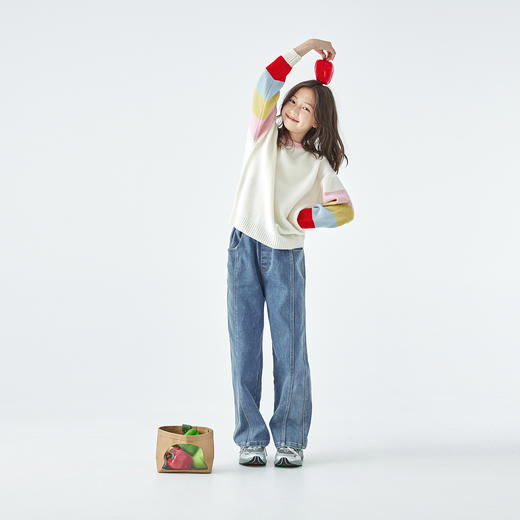 棵初【彩虹糖】25年秋冬季新款亲子中大童撞色彩条毛衣全羊毛上衣 商品图1