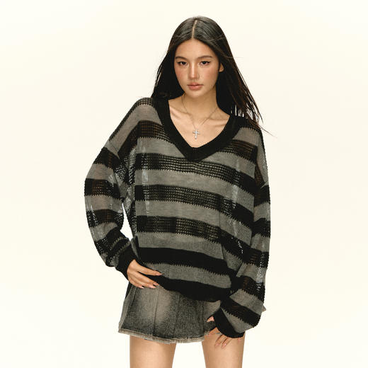 Ariseism 美式复古黑色高透针织防晒罩衫女秋季新款宽松上衣 商品图0