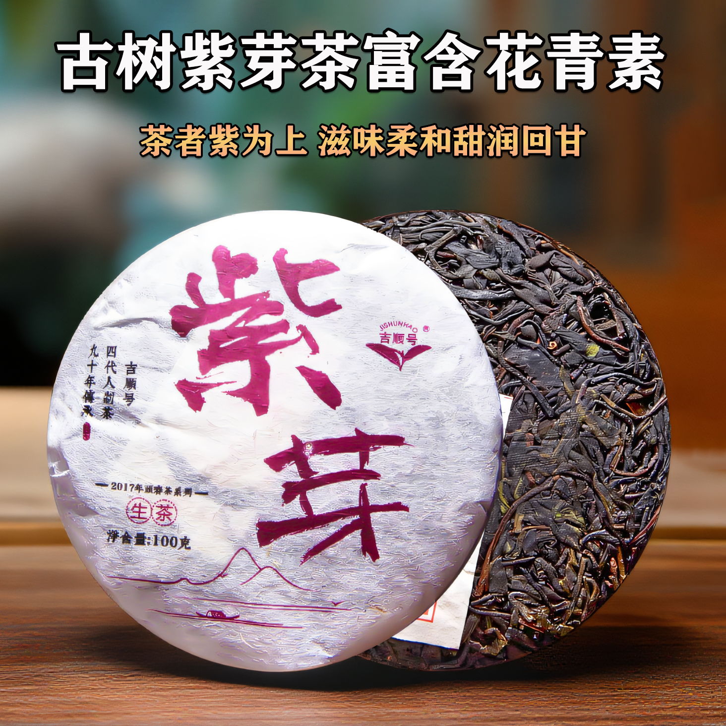 吉顺号普洱茶云南特色紫芽茶100g每饼