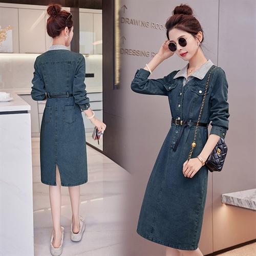 牛仔长袖拼接连衣裙polo领假两件~休闲简约通勤显瘦YLFS8882 商品图1