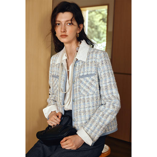 OLrain欧芮儿2025新款女秋季法式千金感清新蓝色小香风长袖短外套 商品图2