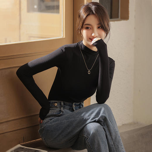 黑色半高领打底衫女春秋内搭修身面膜长袖t恤中领薄款上衣 商品图0