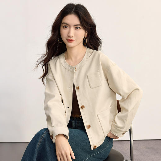 【年货节】熙世界法式麂皮绒夹克上衣女2025秋季新款小香风圆领气质短款外套 商品图2