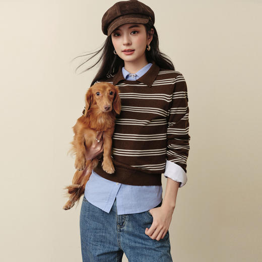 【严选】诗凡黎撞色条纹POLO领针织衫老钱高智正肩显瘦长袖上衣7G9132891 商品图3