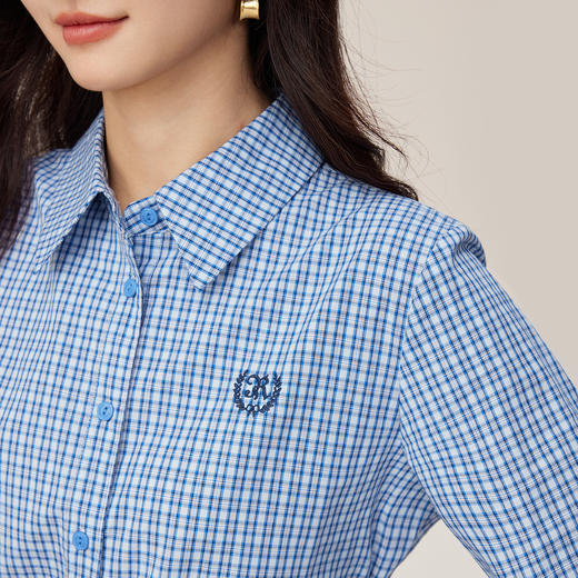 【09/03新品】熙世界【MIU系】蓝色格纹衬衫女收腰显瘦长袖衬衣上衣2025秋新款 商品图2