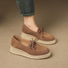 【预售5天】5cm复古磨砂真皮草编厚底单鞋女秋季新款圆头渔夫鞋系带乐福鞋MT&MD5291