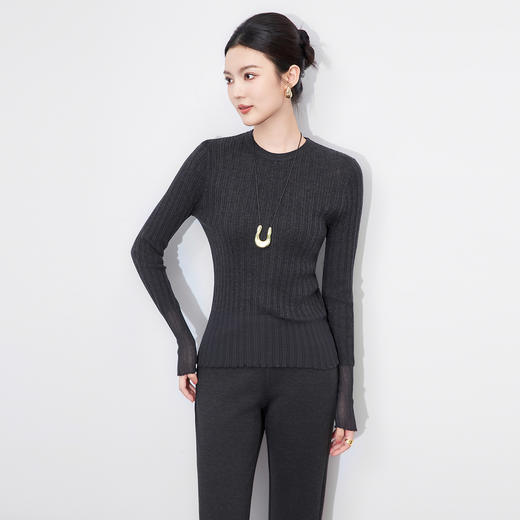 「高货wl」全新升级【铂金会员183/天猫239/差价56】(54950)洛诗琳设计感网纱拼接针织衫2025秋季女人味坑条打底上衣 商品图0