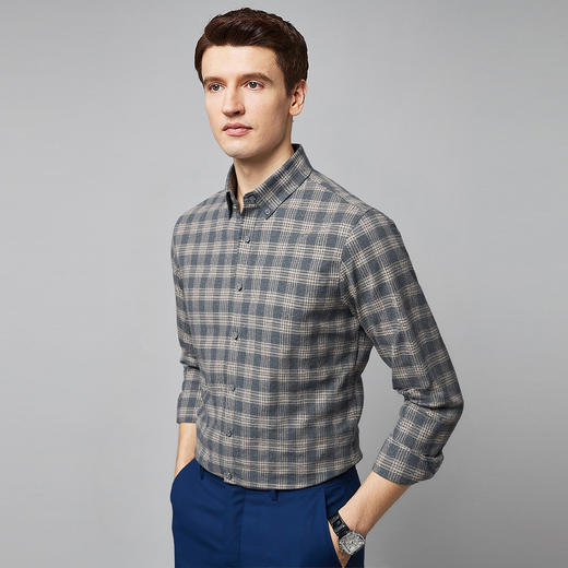 【全棉】罗蒙秋冬格纹长袖衬衫男士厚款亲肤舒适简约时尚男士长袖衬衣 商品图1