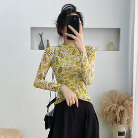 KQL A55F8568时尚洋气高弹网长袖印花高领打底衫T恤上衣