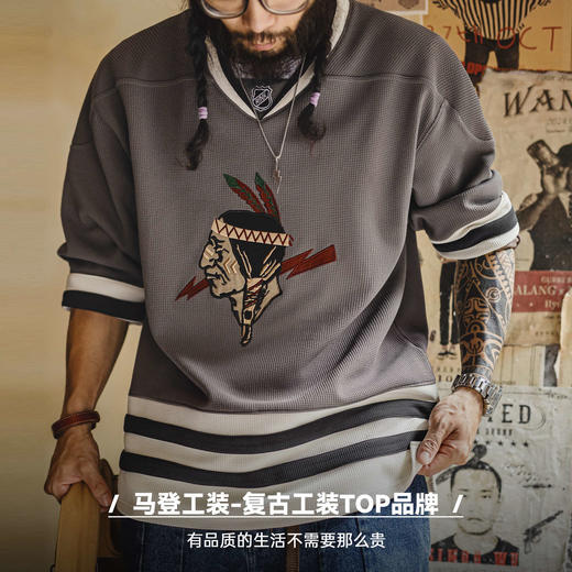 马登工装美式复古印第安v领华夫格长袖刺绣针织重磅卫衣外套男秋 商品图4