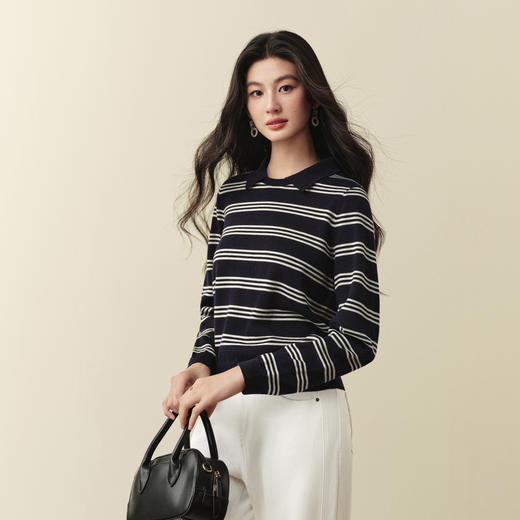 【严选】诗凡黎撞色条纹POLO领针织衫老钱高智正肩显瘦长袖上衣7G9132891 商品图2