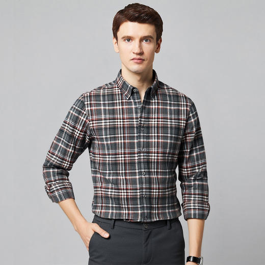 【全棉】罗蒙秋冬格纹衬衫男士厚款保暖舒适柔软通勤百搭长袖衬衣 商品图3