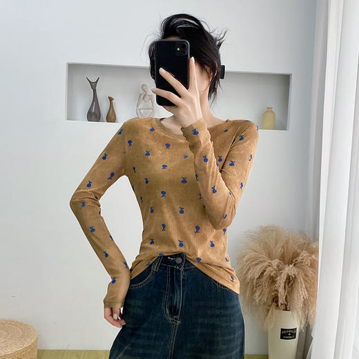 KQL A55F8566时尚纱网印花长袖圆领T恤修身显瘦打底衫上衣 商品图0