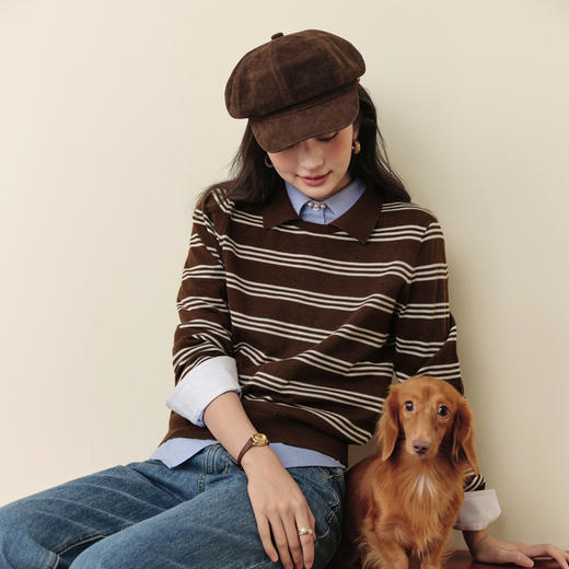 【严选】诗凡黎撞色条纹POLO领针织衫老钱高智正肩显瘦长袖上衣7G9132891 商品图4