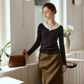 OLrain欧芮儿V领拼色毛针织套头衫女秋季2025年新款纯欲长袖上衣