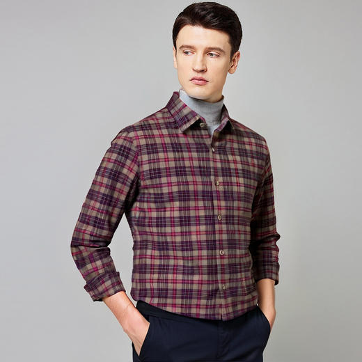 【含绵羊毛】罗蒙秋冬长袖格子衬衫男士商务风通勤磨毛保暖舒适长袖衬衣 商品图1