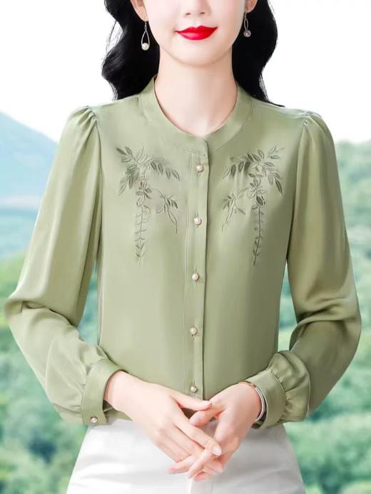 中国风真丝衬衫女妈妈装2025春秋刺绣立领杭州桑蚕丝缎面长袖上衣 商品图4