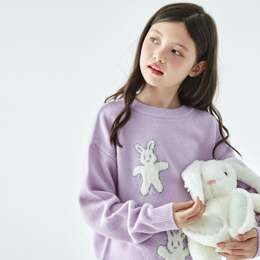 棵初25年秋冬季新款亲子中大女童小兔子图案毛衣纯绵羊毛保暖上衣 商品图2