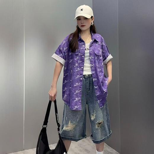 NC翻领满字母印花双口袋短袖衬衫50522（紫）夏季252160040321 商品图0