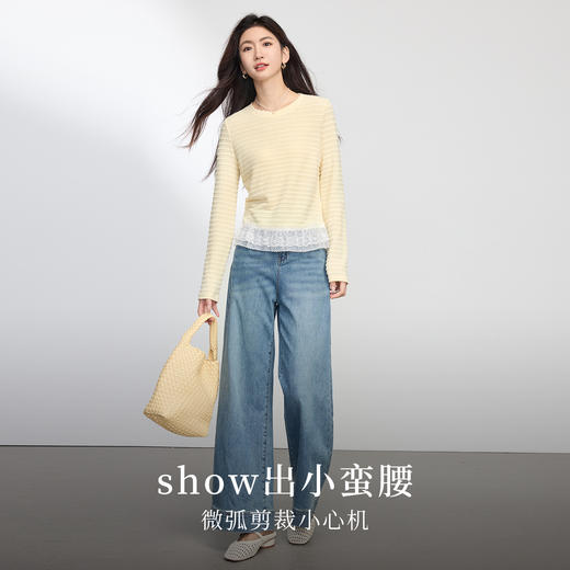 【08/27新品】熙世界甜美芭蕾风蕾丝拼接针织T恤女长袖减龄圆领上衣2025秋新款 商品图2