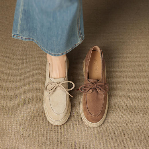 【预售5天】5cm复古磨砂真皮草编厚底单鞋女秋季新款圆头渔夫鞋系带乐福鞋MT&MD5291 商品图2