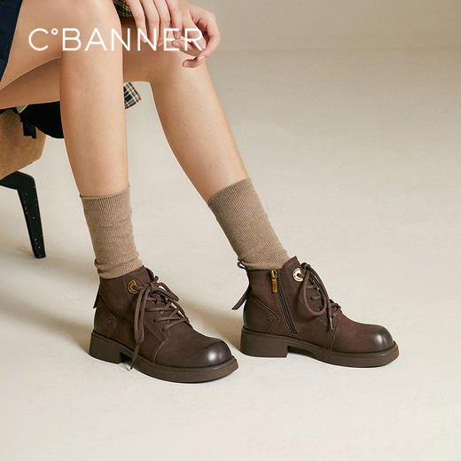 千百度美拉德马丁靴女工装靴厚底磨砂牛皮不累脚短靴A25582198 商品图0