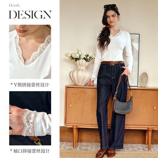 OLrain欧芮儿洋气蕾丝拼接V领打底T恤女秋季2025新款性感长袖上衣 商品图1