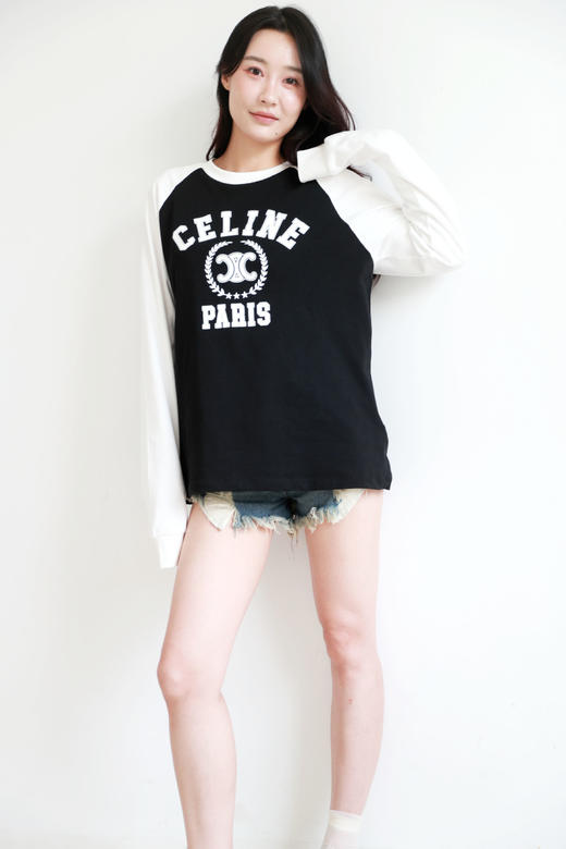 小香风字母tee，面料是全棉的。黑白撞色正肩宽松长袖上衣C082660 商品图10