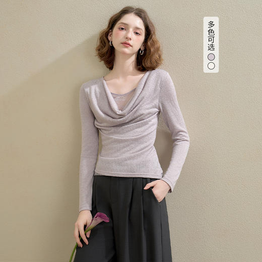 西遇温柔气质蕾丝荡领长袖T恤女薄款假两件修身显瘦上衣V2751193 商品图0