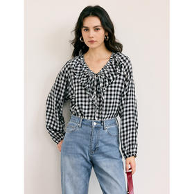 HeyDress格纹长袖抽褶衬衫